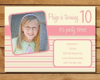 Girl Birthday Party Invitations with Photo - Pink Stripes