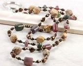 Office Fashion Brown ID Badge Lanyard Green Jasper Gemstone Natural Fall Autumn