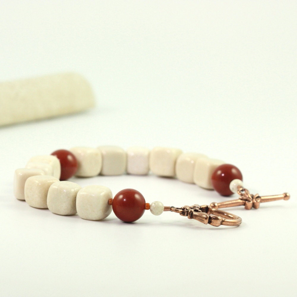 Cream Boho Bracelet Fall Earth Tones Deep Red Jasper Gemstone Rustic Woodland Fashion Beige Jewelry Copper Clasp