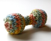 Creamy Soft - Blue, Pink,Green, Yellow Baby Rattle - Three months old and up-Crocheted Cotton over bells