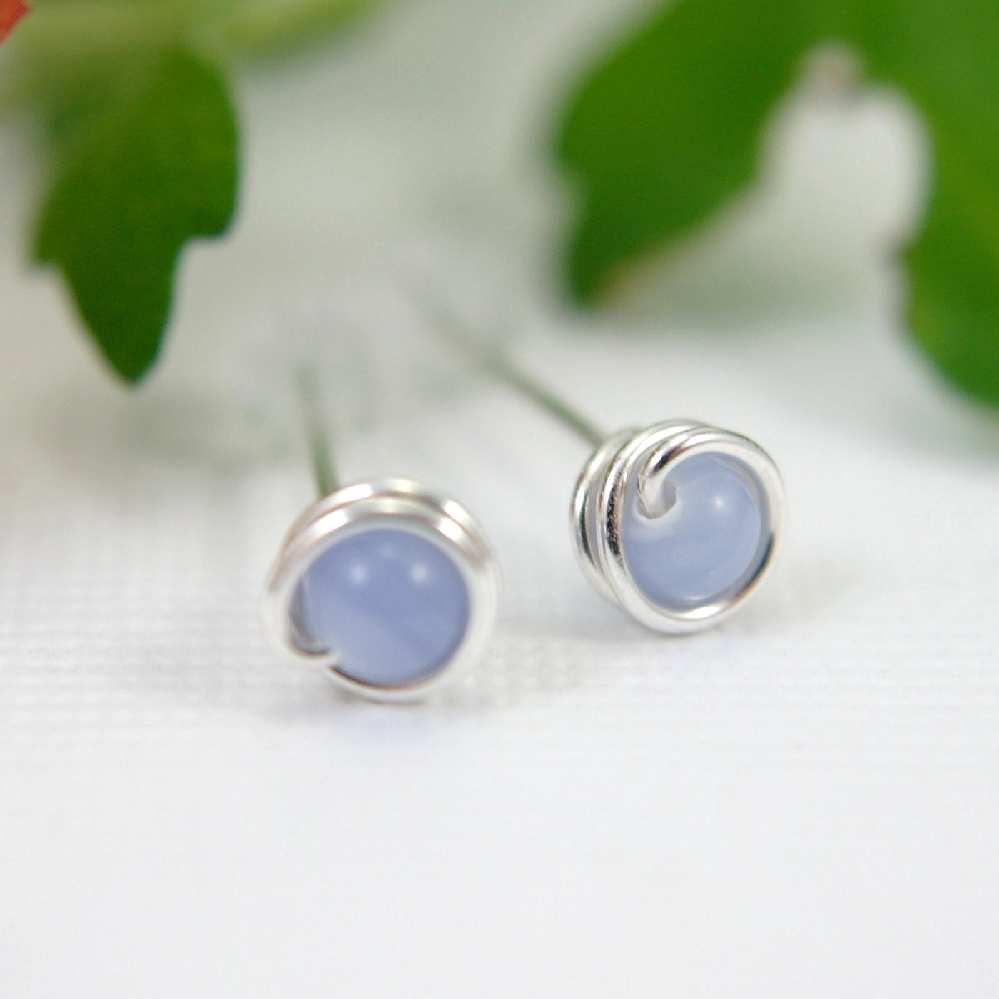 Tiny blue lace agate post earrings sterling silver periwinkle wire wrapped mini