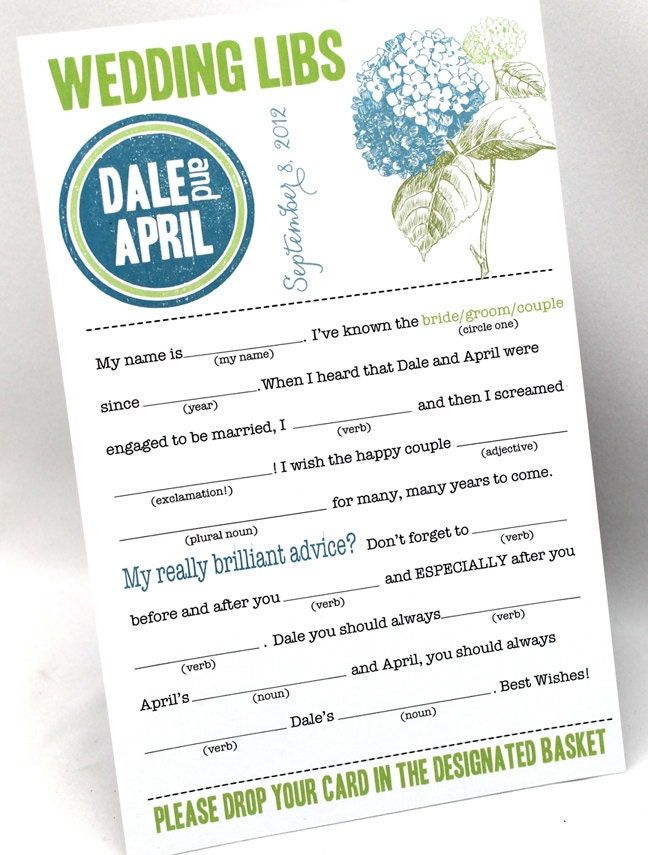Wedding Mad Libs PDF FILE Print Yourself  Hydrangea Colors are Customizable Includes Word Bank