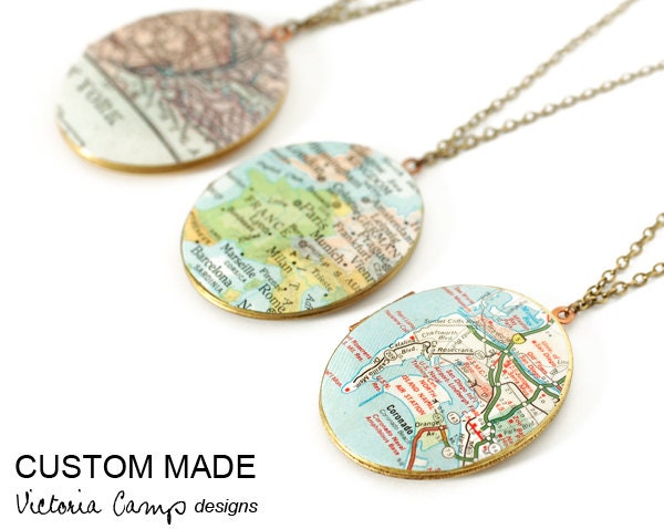 Personalized Map Necklace, Custom City, Large Vintage Locket, Map Jewelry, Holiday Gift, Gift Under 40 - Made to Order