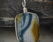 Dichroic Fused Glass Pendant - silver, slate blue, and yellow fused glass jewelry (by Meagan Chaney Gumpert)