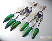 Fairy Jewel Beetle Elytra Iridescent Wings Earrings Emerald Green Gold Sparkling Goddess Style SCARAB MYSTERY by Spinning Castle