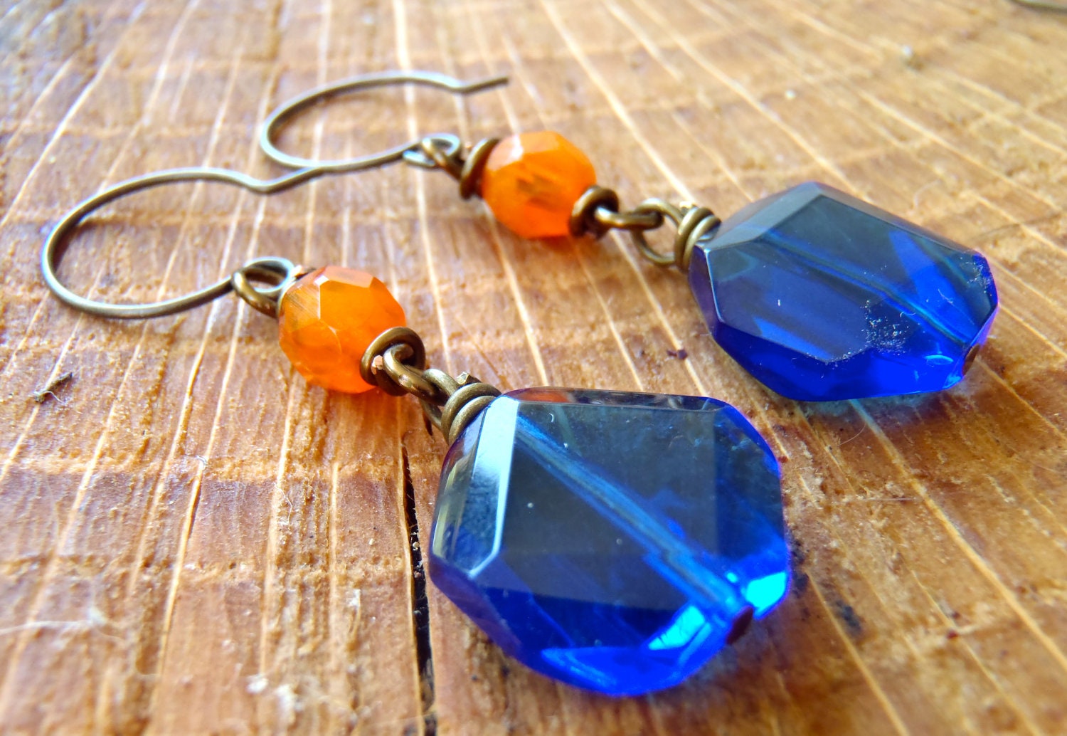 C034 Blue and Orange Glass Dangle Earrings