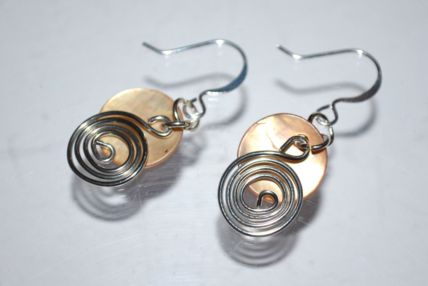 Wire and shell earrings-natural color shell earrings with wire swirls--beach wear-inexpensive gift for her - Designami