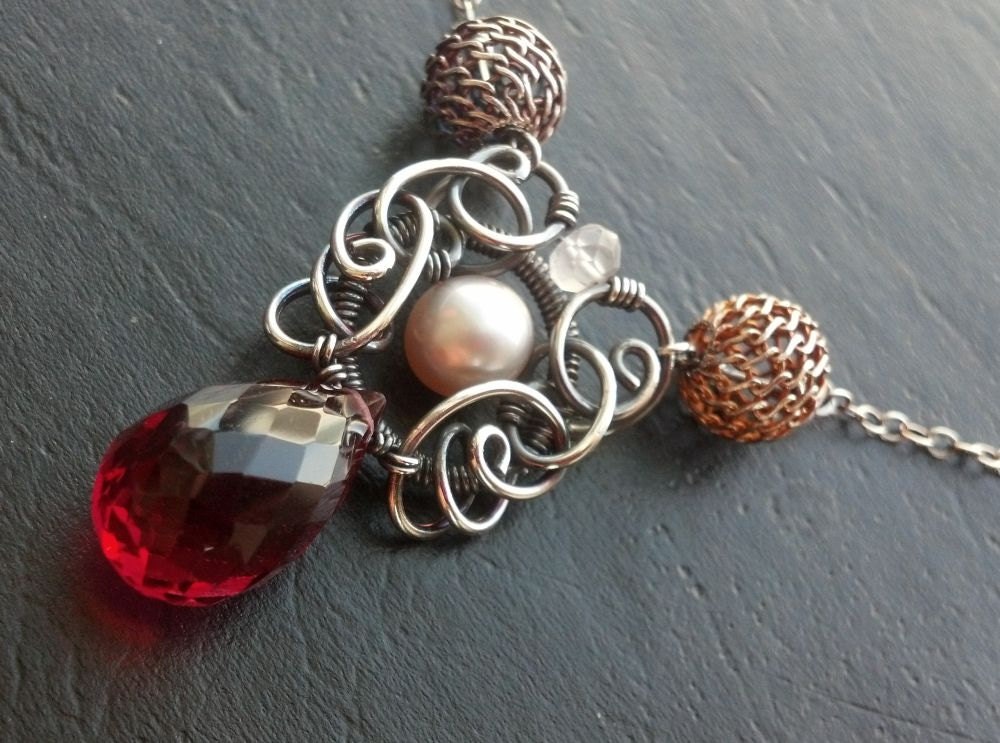 FREE SHIPPING Raspberry Quartz Pink fresh water pearl Rose quartz Sterling silver necklace