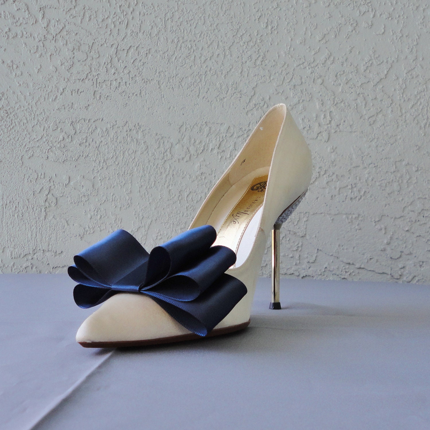 Navy Blue Satin Ribbon Bow Shoe Clips Set Of Two, More Colors Available