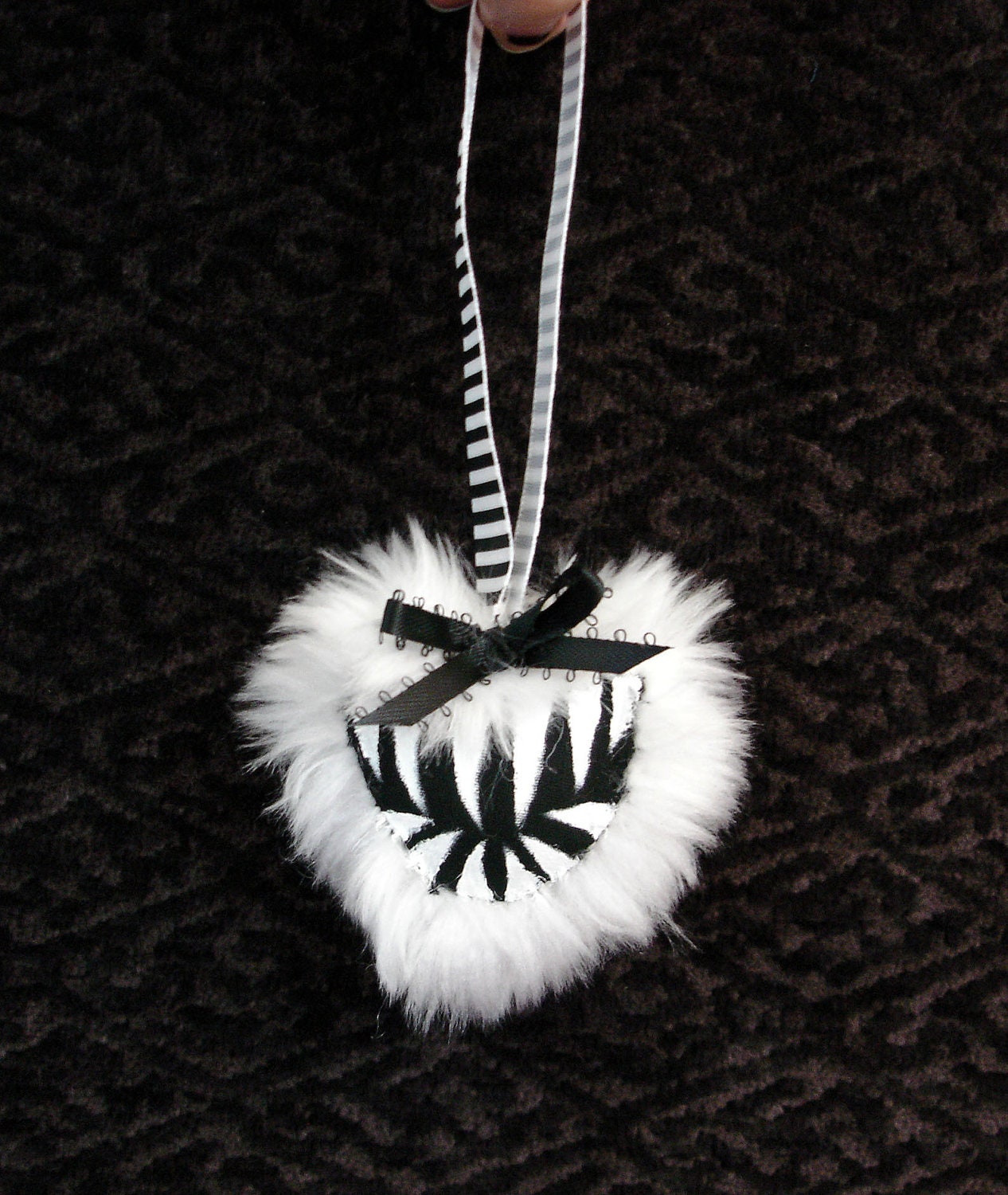 Fuzzy Heart with Teeth in White and Black- charm or ornament- Valentine's Day