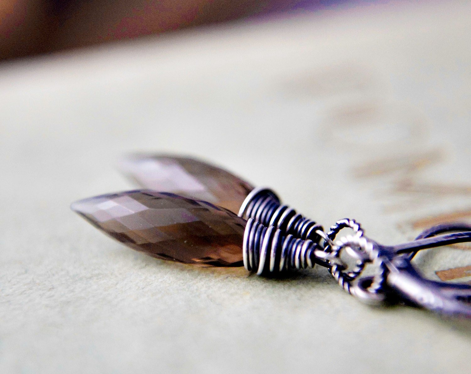 Smokey Quartz Shards Brown Mocha Chocolate Earth Toned Wire Wrapped Drop Earrings