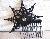 Gothic Clock hand Hair Comb black with crystal ornate hair Ornament made with petite clockhands- Evening Star