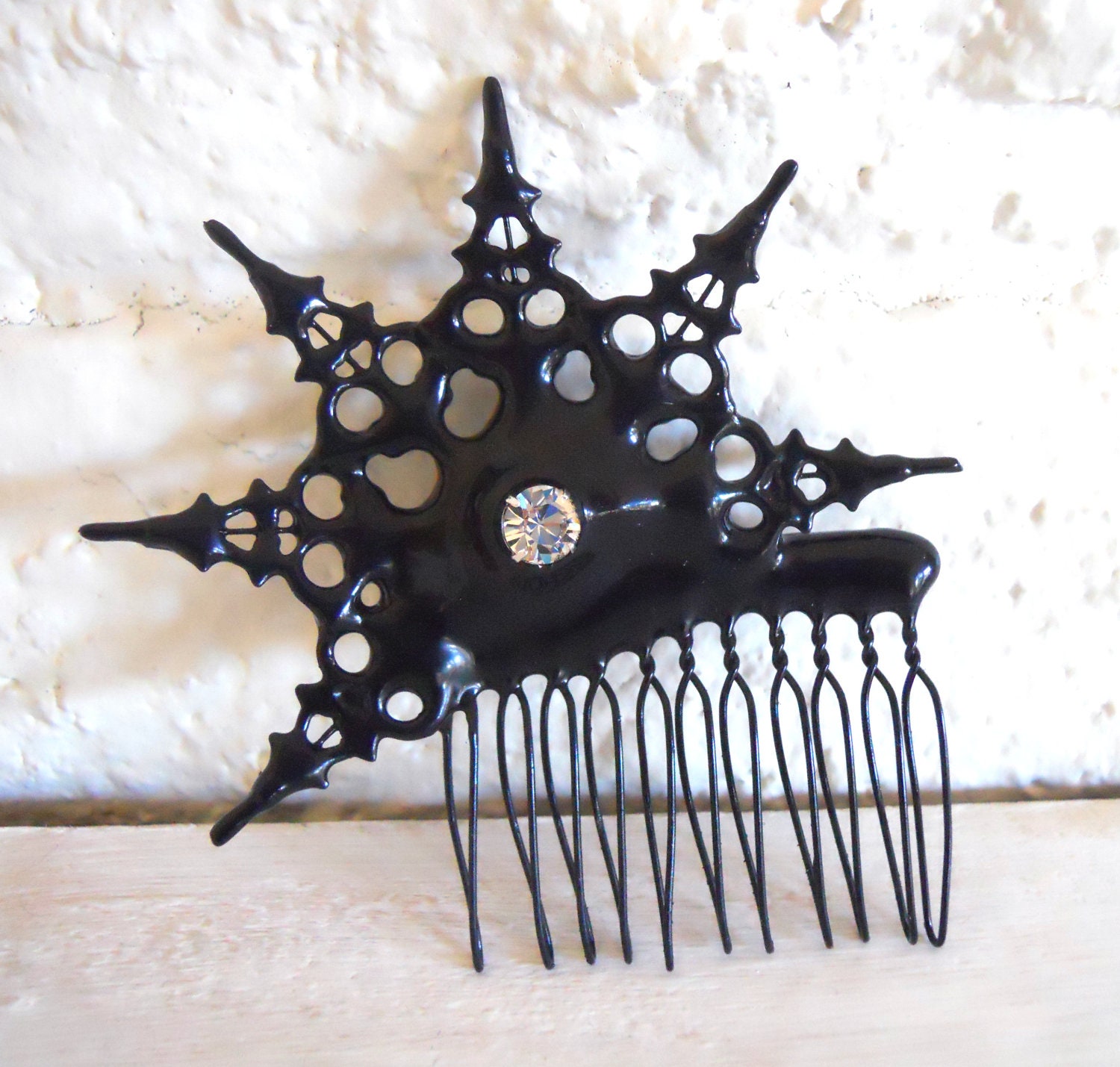 Gothic Clock hand Hair Comb black with crystal ornate hair Ornament made with petite clockhands- Evening Star