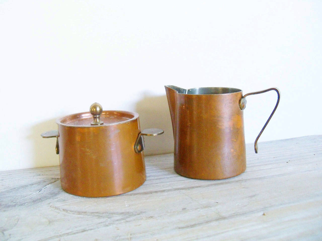 Copper Creamer Sugar Brass Handles Antique 1950s