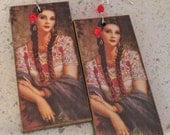 Vintage Mexican Calendar Girl Earrings - w/Red Flower