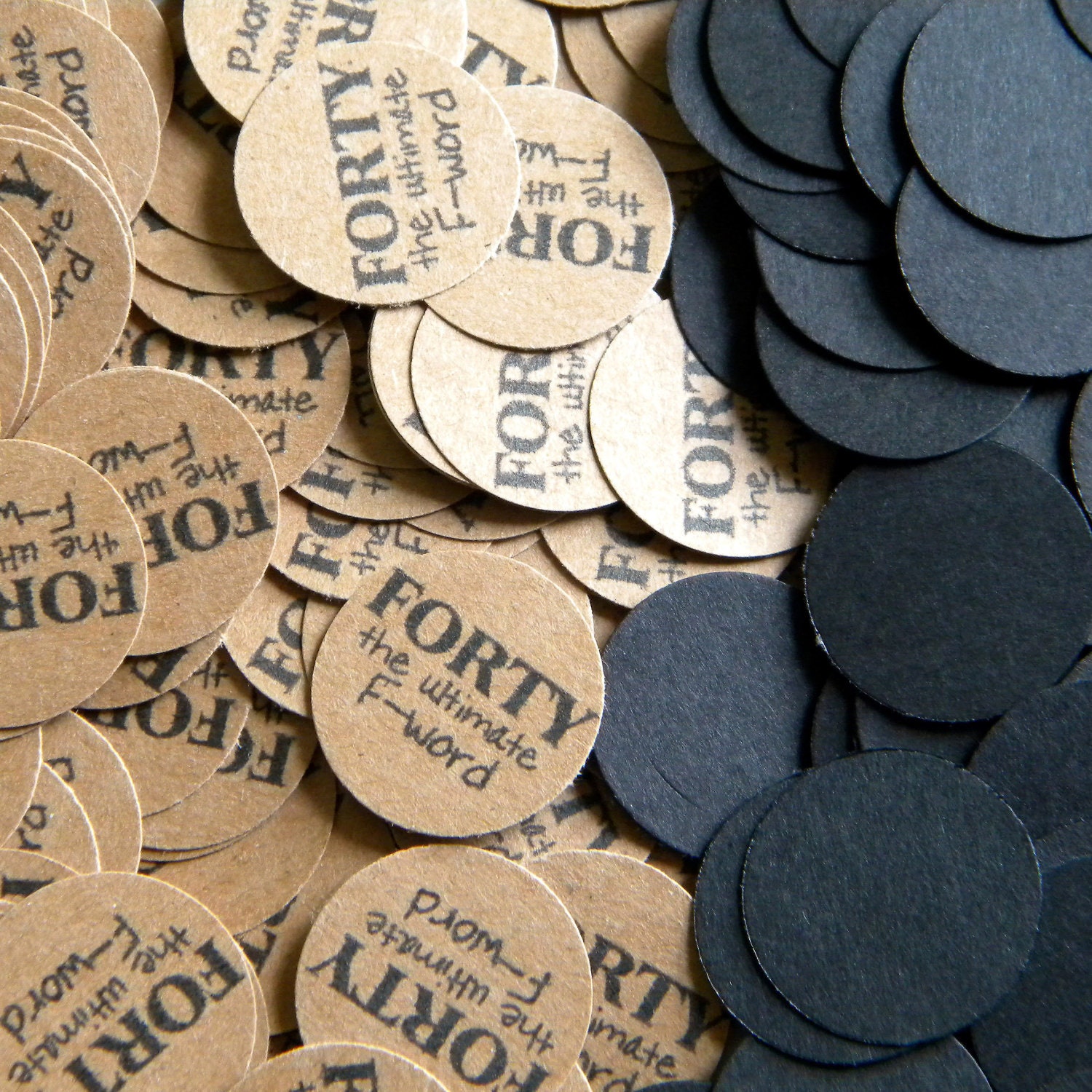 40th Birthday Party Confetti 3/4 Inch Circles - Forty the Ultimate F-word, Black and Kraft Il_570xn