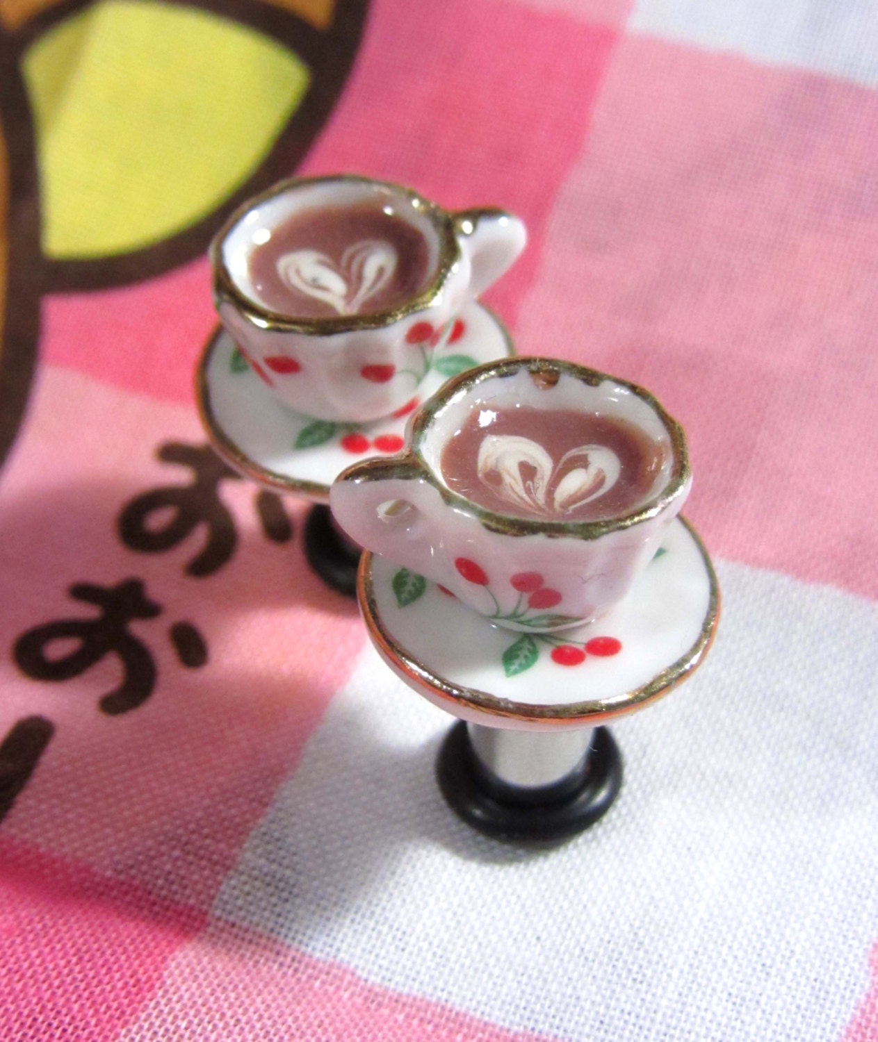 2g Teacup Plugs - LIMITED- Cherry Cups with Latte Hearts