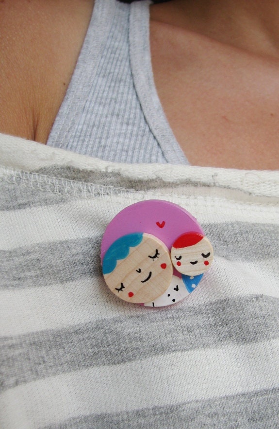 Maternity wooden brooch, hand painted brooch mother and child