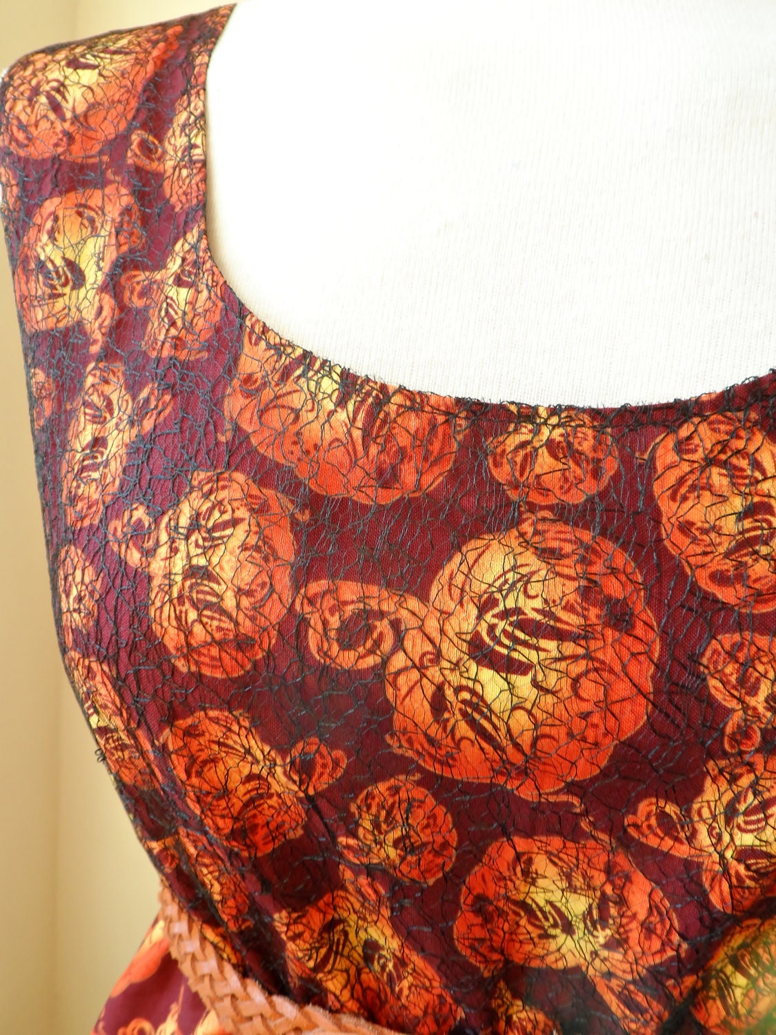 Halloween Party Dress Dark Red Burgandy and Orange Pumpkin Black Cobweb Lace Dress L