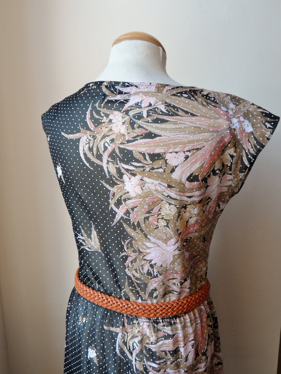 Vintage Floral Dress Black Fern Tropical Print Spotty Dress M