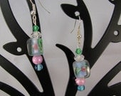 Vintage square lampwork beads with rose sterling dangle earrings