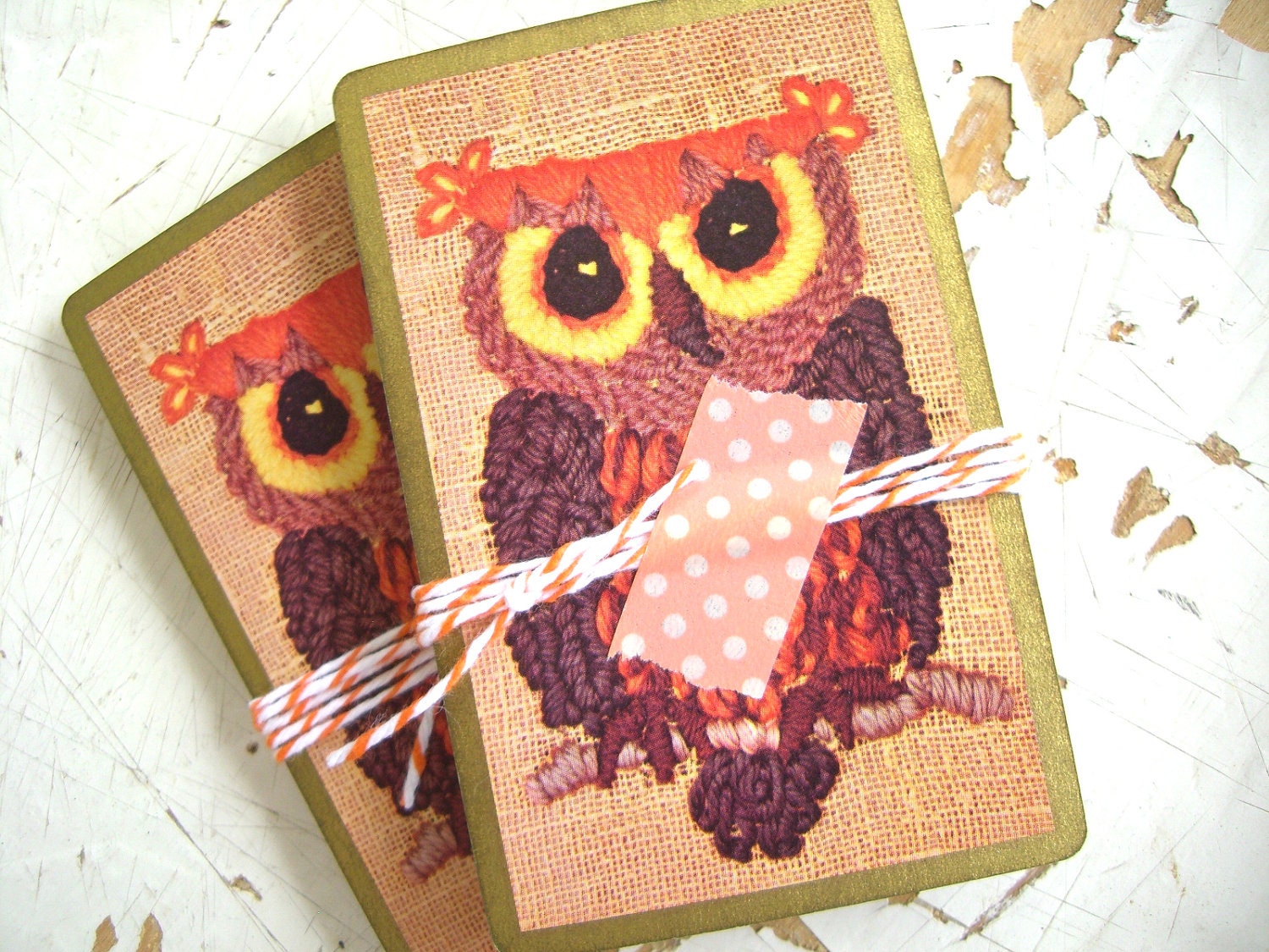 Embroidered Orange OwLs For HaLLoween Crafts, Vintage OWL Playing Cards,  A Set of 6 Cards