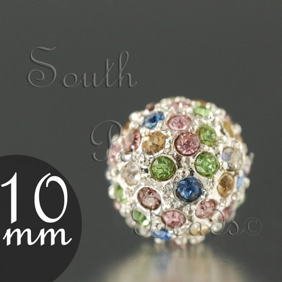 10mm pave crystal bead, Silver with Multi Light Crystals (1)