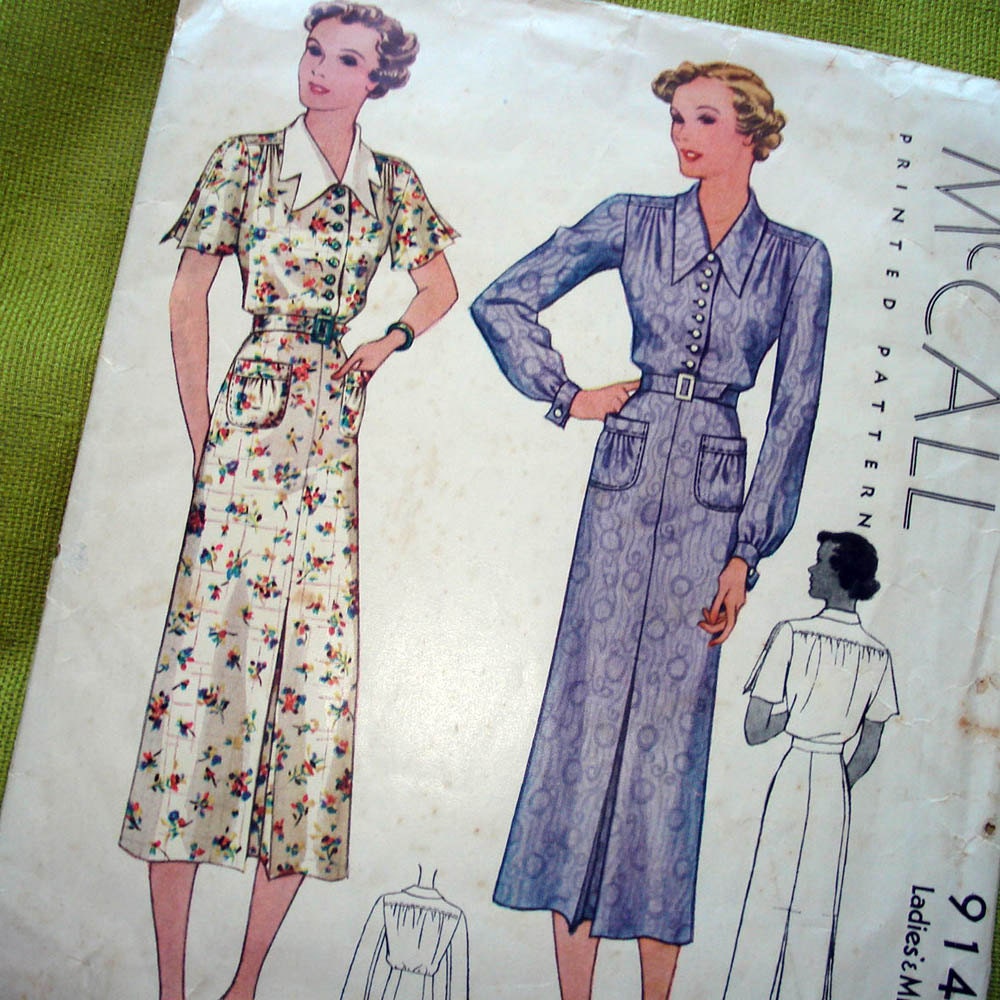 1937 Vintage Sewing Pattern - Day Dress or Frock - COllar and Pocket Interest -  McCall 9144