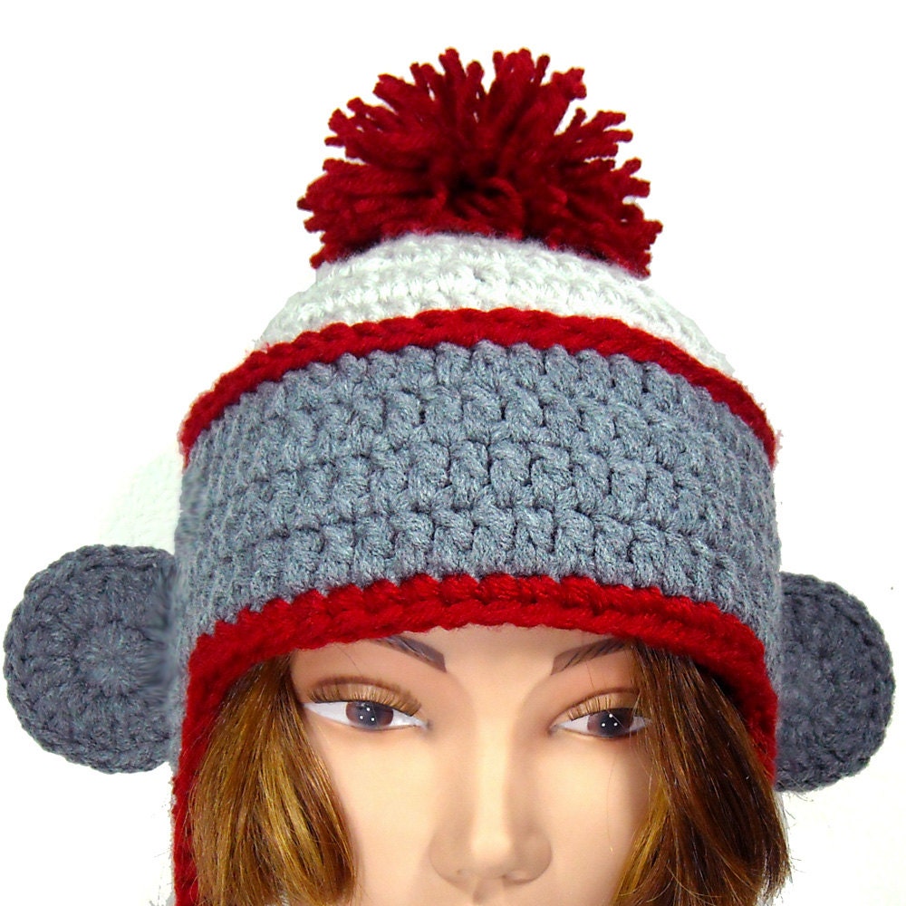 Sock Monkey Hat - Adult Earflap Pom-Pom Beanie