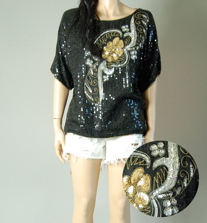 vintage 80s abstract gold black SEQUIN SLOUCH TOP blouse m/l