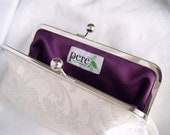 Bridal Clutch in Silver White Wedding Brocade with eggplant / aubergine / purple satin lining - Autumn Bride - Fall Wedding - READY TO SHIP