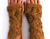 Knit Fingerless Gloves Knit Arm Warmers Knit Fingerless Mittens Knit Hand Warmers Gauntlets Knit Wrist Warmers Gothic Caramel Lace