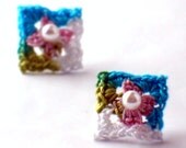 On Sale Marked Down 20% Crochet Earrings Stud Earrings Mini Granny Square Pink Turquoise White Spring Green