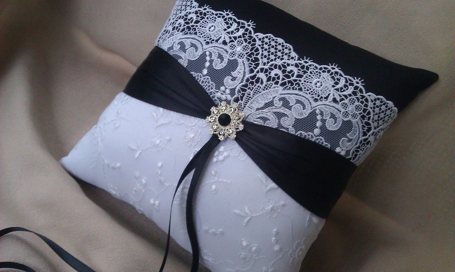 Elegant Black White Bridal Lace Rhinestone Wedding Ring Bearer Pillow