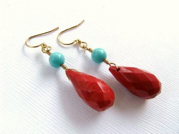 Coral Quartz Briolettes and Vintage Turquoise Earrings
