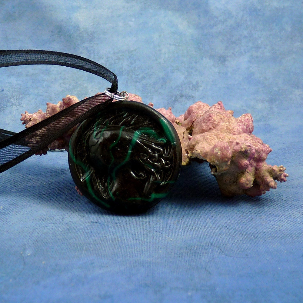 Black Marble Cthulhu Cameo Necklace, Handmade Polymer Clay Jewelry