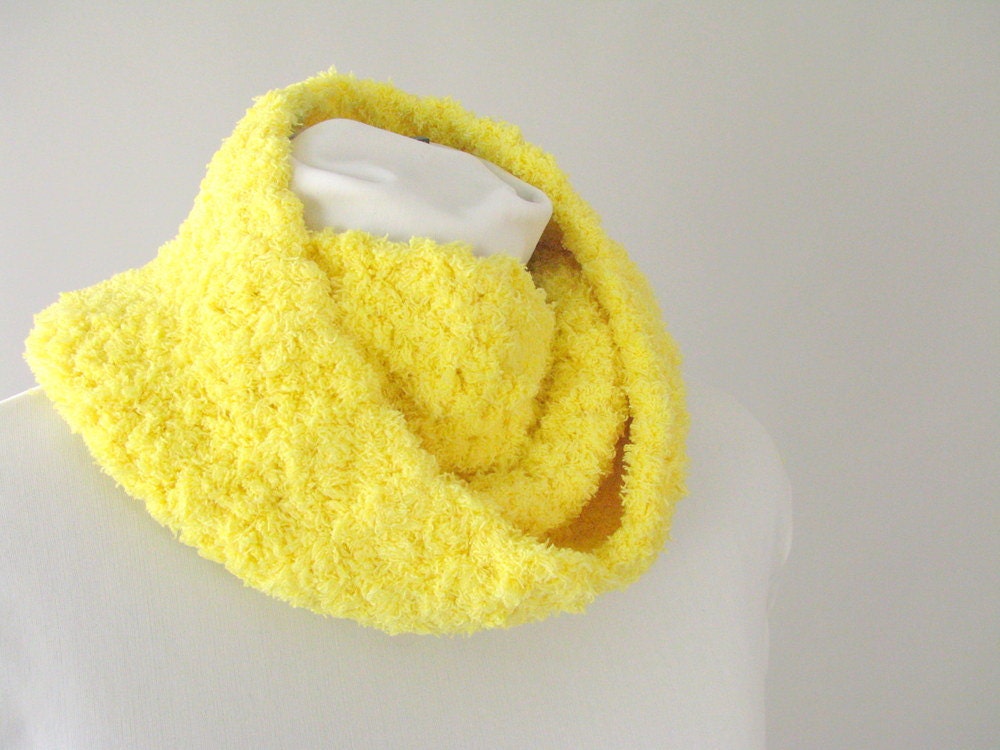 Yellow Chenille Cowl for Teens Women Tweens and Girls - Crochet Fuzzy Fleece Circle Scarf