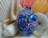 Swirls and Squiggles Pink, Purple and Blue Oval Necklace Polymer