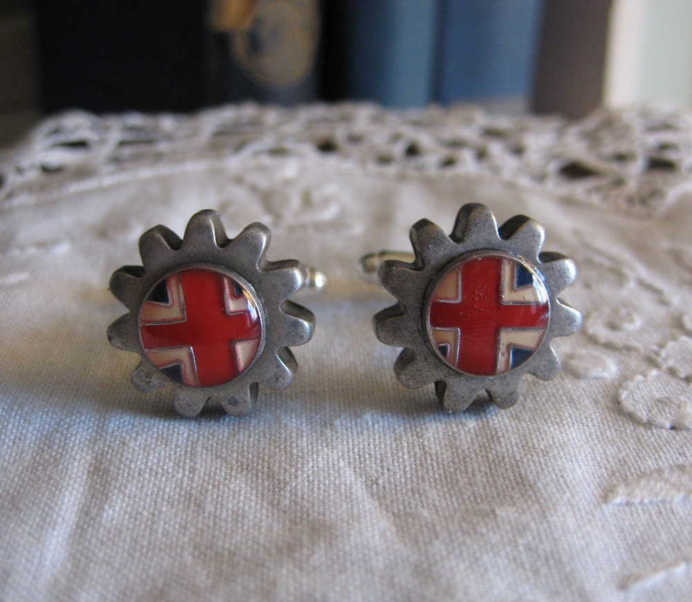 LONDON Steampunk Cufflinks ENAMEL red white and blue silver gears industrial wedding