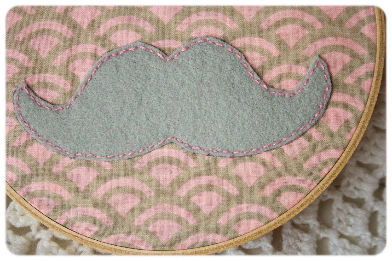 Mustache with Pink and Grey Print Embroidered Wall Hanging