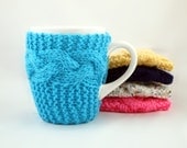 Turquoise Hand Knit Coffee Mug Cozy Coaster Cable Stitch