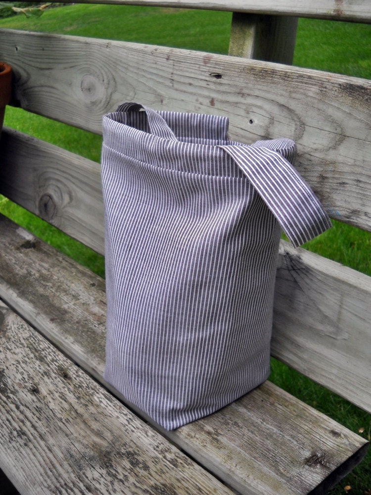 Cotton Knitting Bag, Crochet Tote Bag, Brown and white pinstripe, Lined n Padded, Drawstring, Pockets, WIP or KIP bag - Free Shipping