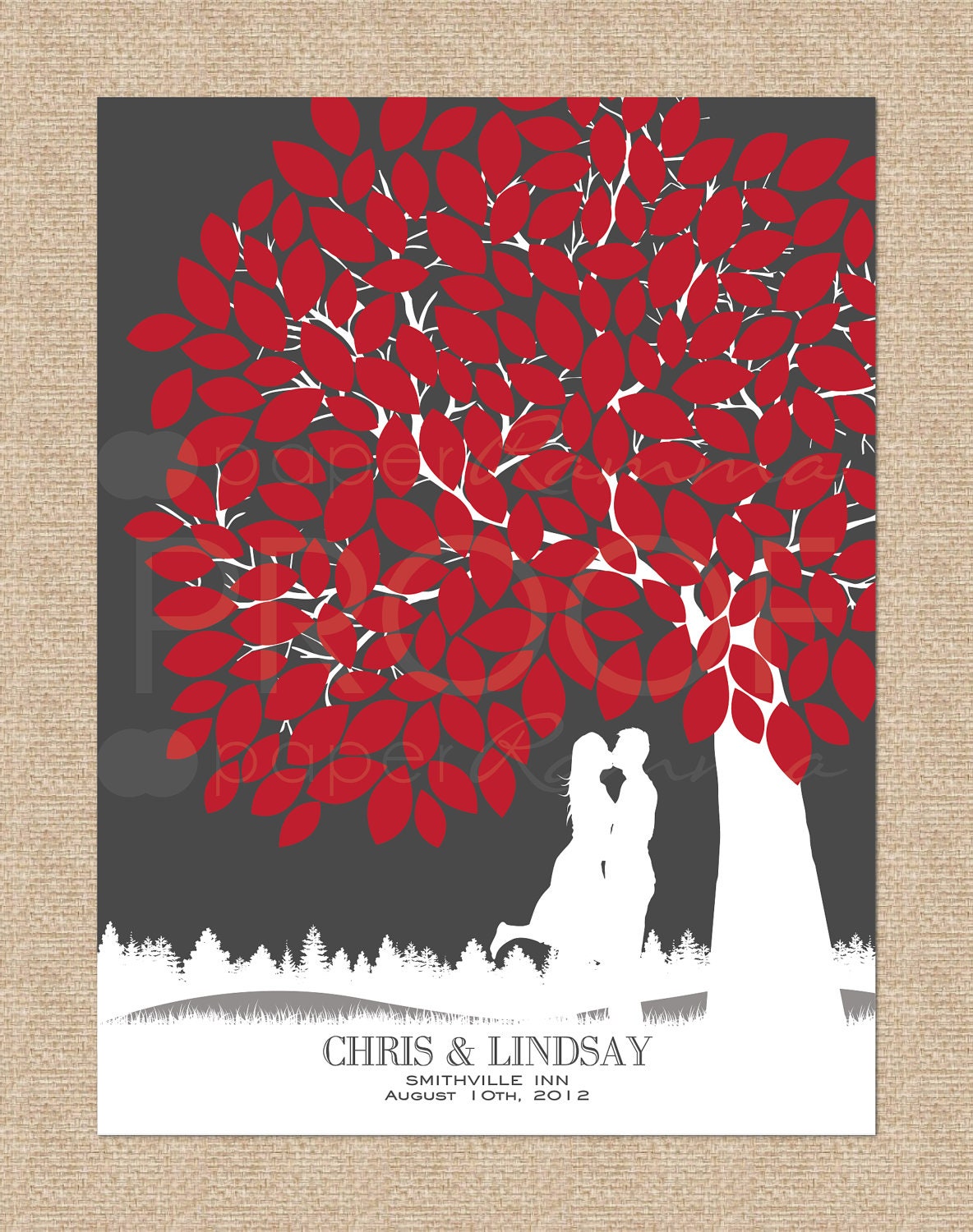 Wedding Tree Guestbook - Personalized Canvas Wrapped Skyline & Silhouette Print Keepsake, 175 Signature Guestbook Canvas Print, Size: 18x24