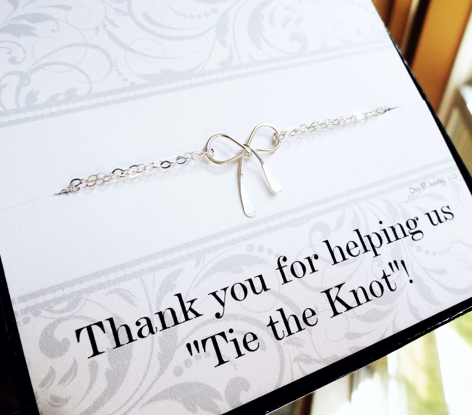 Bridesmaid gift ideas, silver bow necklace and bridesmaid thank you card, Tiffany inspired bridesmaid jewelry