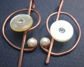 Champagne Pearl Rhinestone Button Hammered Copper Barrette Set