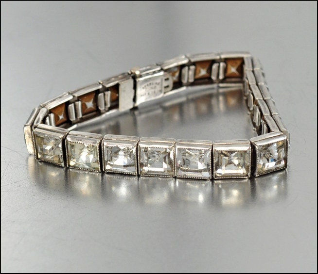 Art Deco Bracelet Sterling Silver Crystal Rhinestone Diamante 1920s Vintage Wedding Jewelry