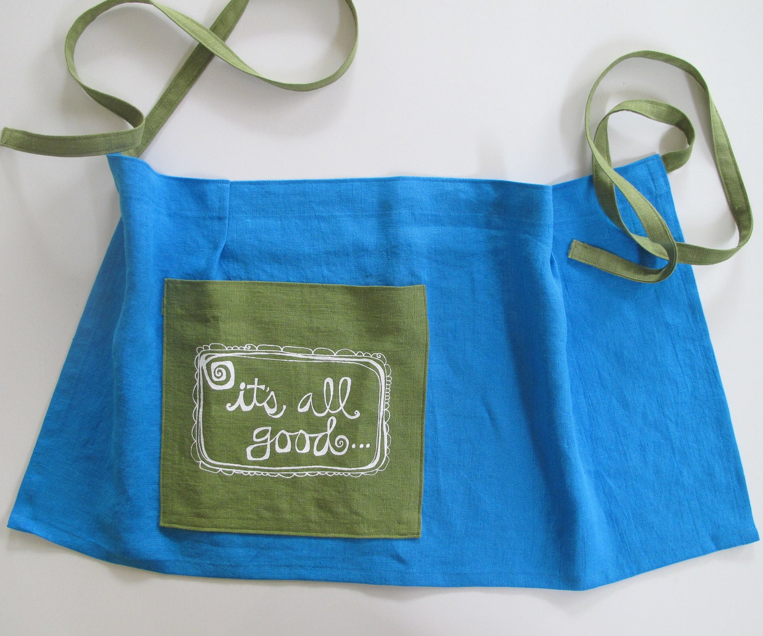 Apron - Linen Cafe Apron - Peacock Blue - Green Pocket by Sweetnature Designs
