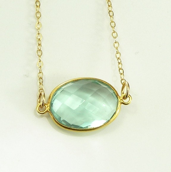 Caribbean Sea Foam Green Quartz  Necklace 14K Gold Filled Solitaire Gemstone  Handmade Minimalistic Fashion Bride Bridal