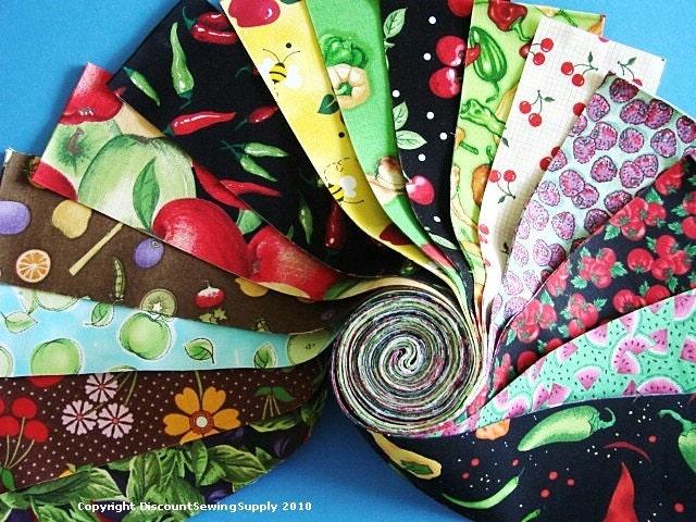 Fruit & Vegetables Jelly Roll Quilt Strip Pack Cotton Quilting Fabric Die Cut No Dups