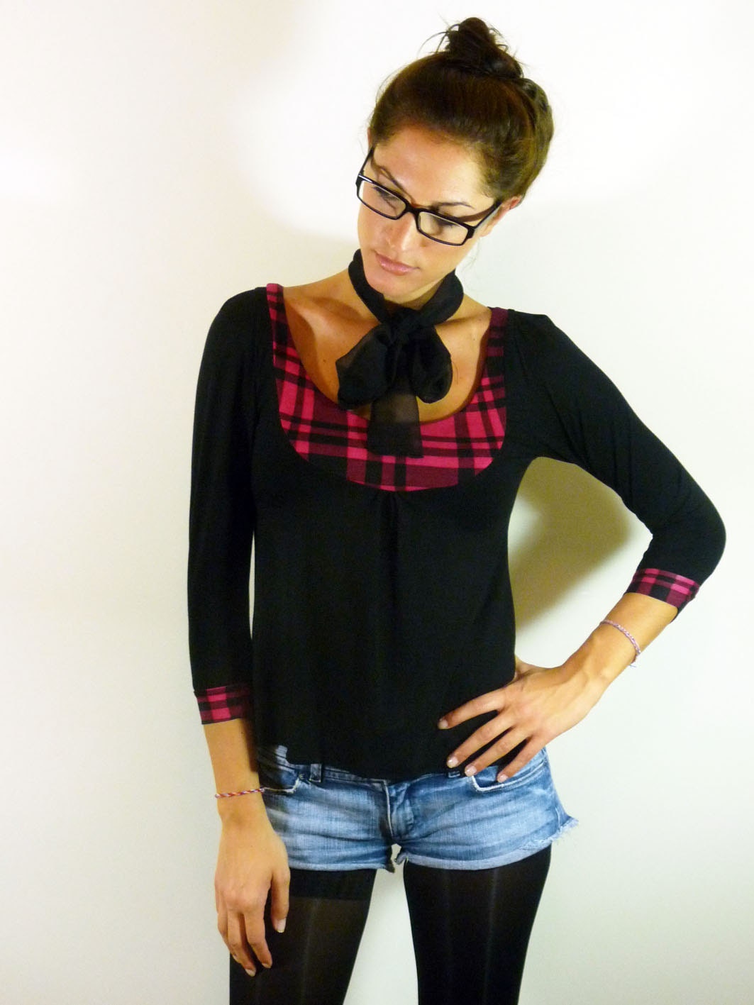 Black and fuchsia tartan bib blouse// black chiffon tie